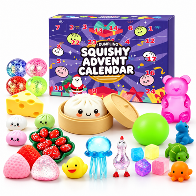 Dumpling squishy Advent calendar and toys on a white background